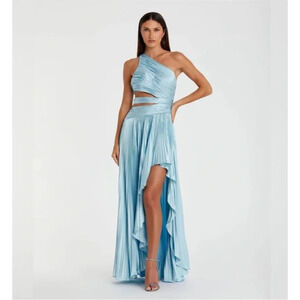 Mac Duggal 49837 Blue One Shoulder Pleated Charmeuse High Low Gown Sz 2 NEW